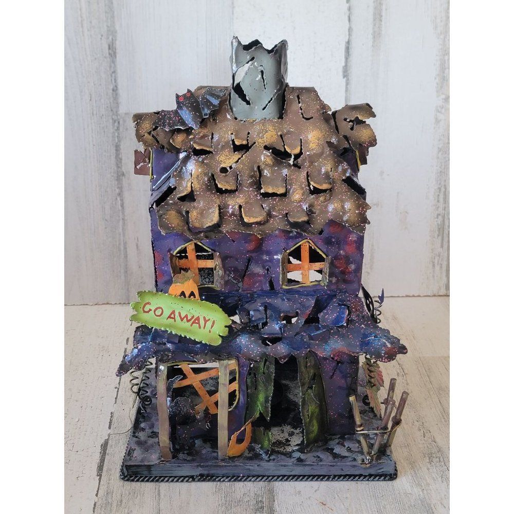 Metal haunted house go away black‎ cat pumpkin tea light candle holder